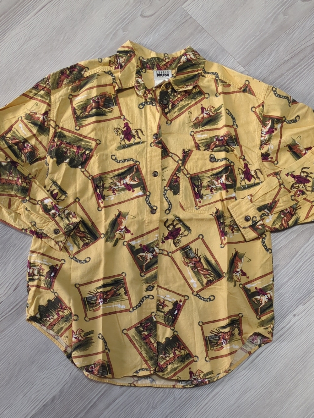 Vintage Leslie Fay Sport Equestrian Horse Print Button Up Shirt Medium